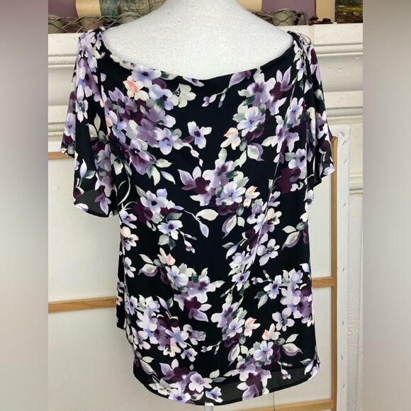 WHBM BNWT elegant purple floral print lined blouse w/ flutter sleeves - Picture 4 of 11